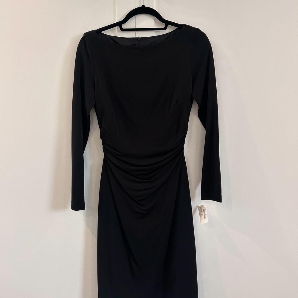 N - David Meister Black Ruched Long Sleeve Sheath Dress